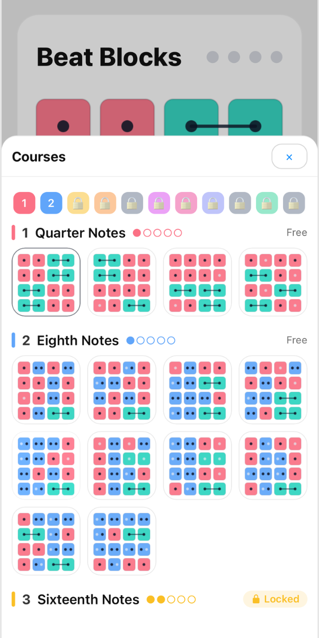 Beat Blocks course library grouped by rhythm topic